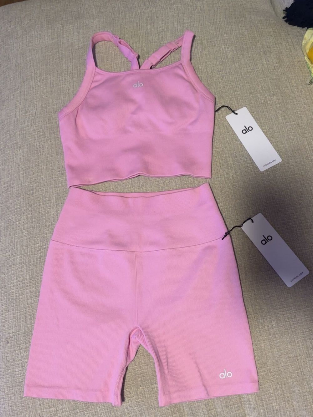 ALO Yoga Candy Pink Ribbed Crop Tank & High-Waist Bike Shorts Set